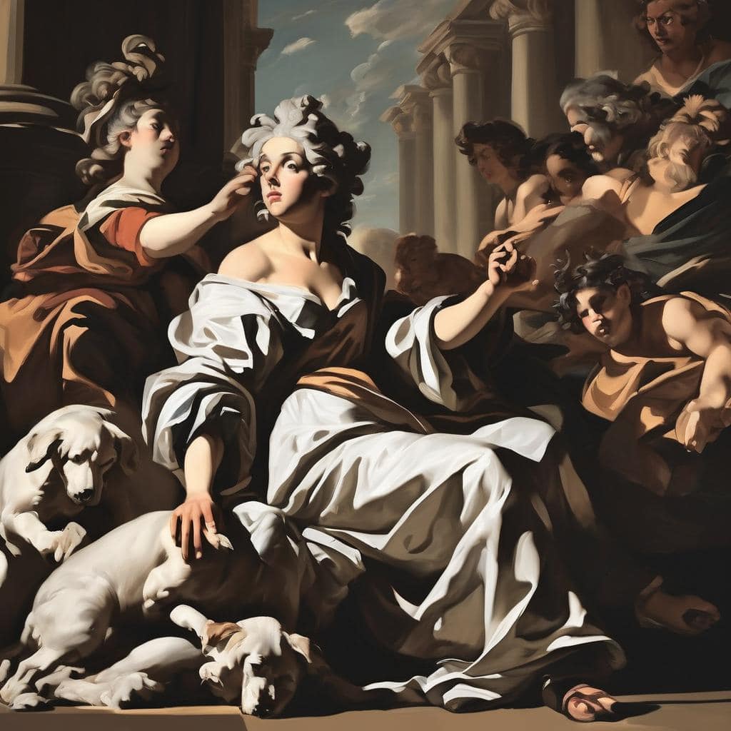 Ελαιογραφία με θεότητες και μορφές από την αρχαία Ελλάδα, εκτελεσμένη με μεγάλη λεπτομέρεια και εκφραστικότητα.