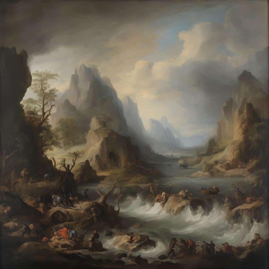 Ορεινό τοπίο με ποταμό και βράχια, βυθισμένο σε ομίχλη και φωτεινά σύννεφα, σχετικά με βιογραφίες και αναλύσεις καλλιτεχνών.