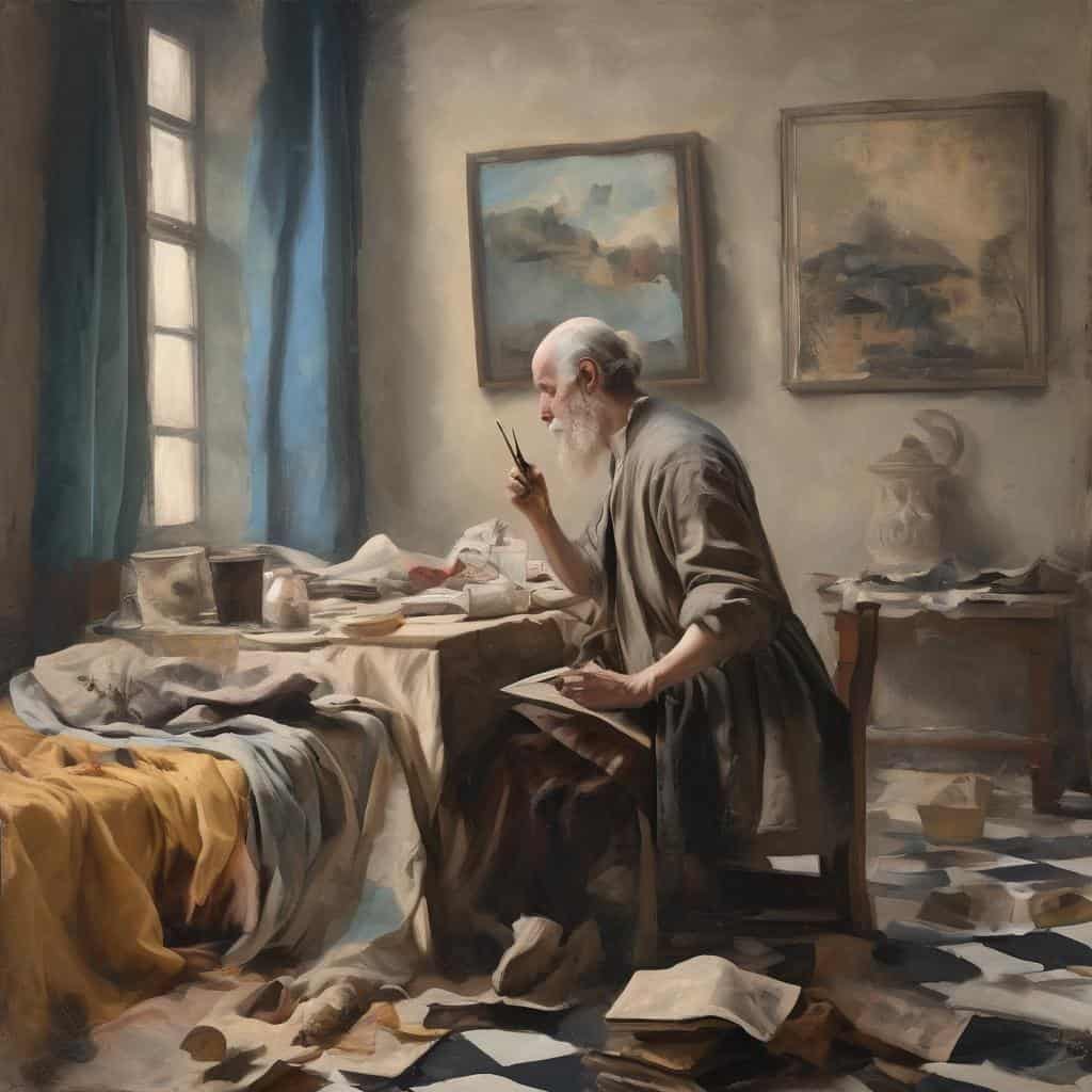 Ζωγράφος σε στούντιο με πίνακες και εργαλεία ζωγραφικής σε έντονο φως έντασης.