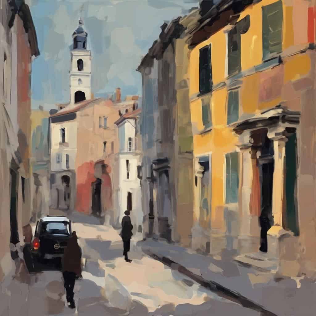 Μέσα στο ιστορικό κέντρο της πόλης με παλιά κτίρια και περαστικούς, σε ζωγραφική με ελαιογραφία.