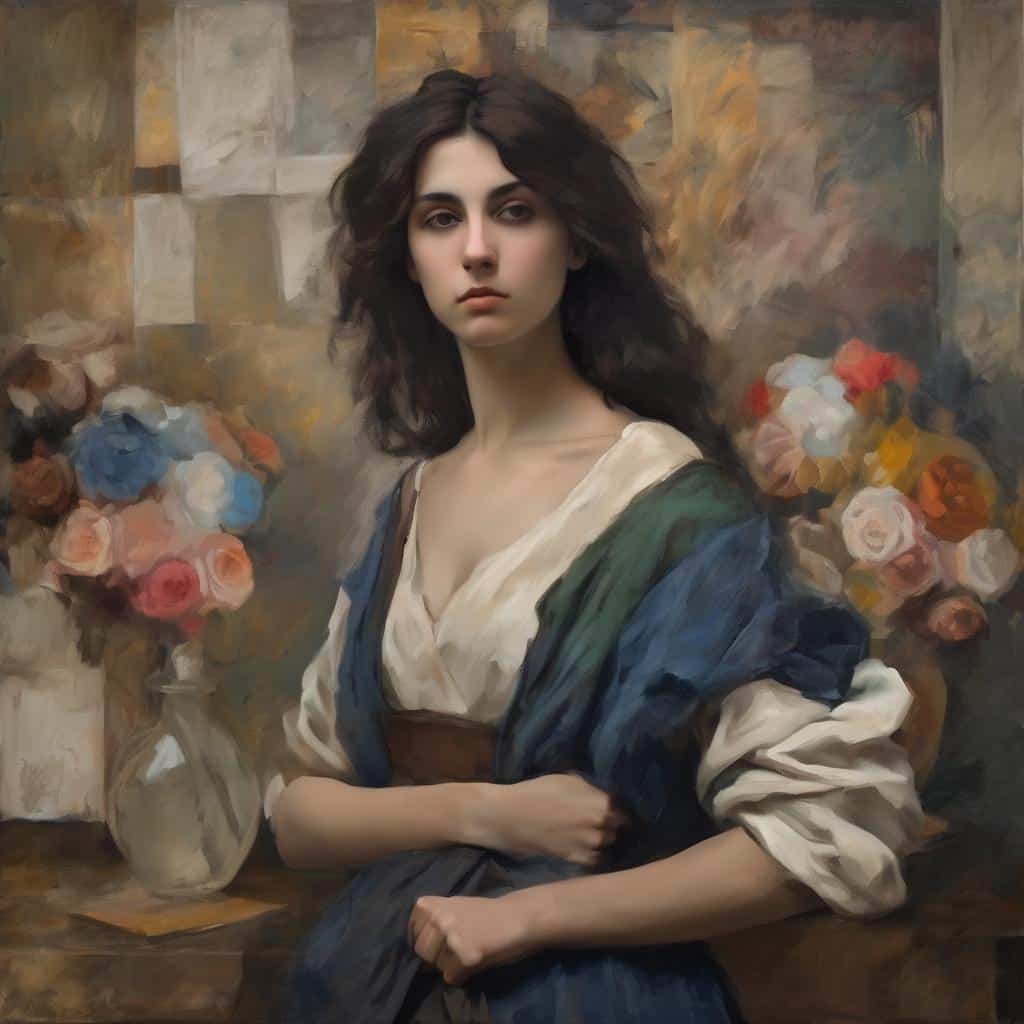 Ζυγισμένη νεαρή γυναίκα με μακριά καστανά μαλλιά, σε εσωτερικό με λουλούδια, σε ρεαλιστικό πορτρέτο ζωγραφικής.