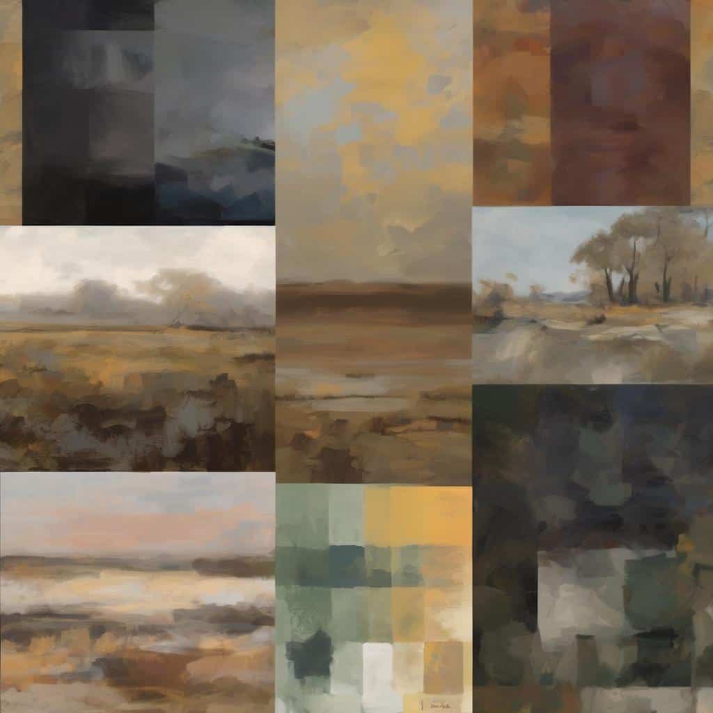 Παραδοσιακές πίνακες τοπίου και ανθρώπινων μορφών, με έμφαση στη λεπτομερή ανάλυση και την καλλιτεχνική ποικιλομορφία.