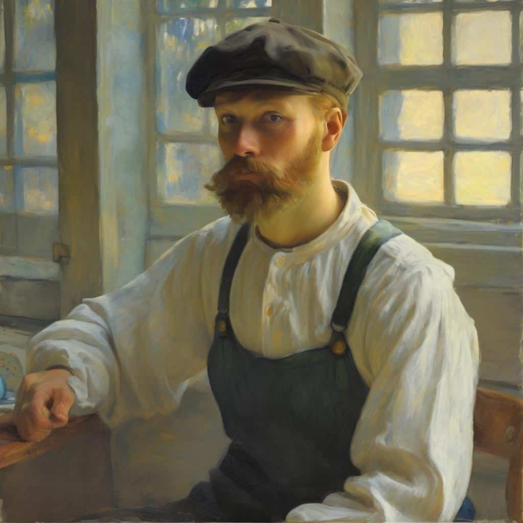 Ανδρας ζωγραφική πορτρέτο σε παραδοσιακή ρουτίνα, με φθαρμένο καπέλο και γκρι πουκάμισο, σε ένα παλαιό μοτίβο καμβά.