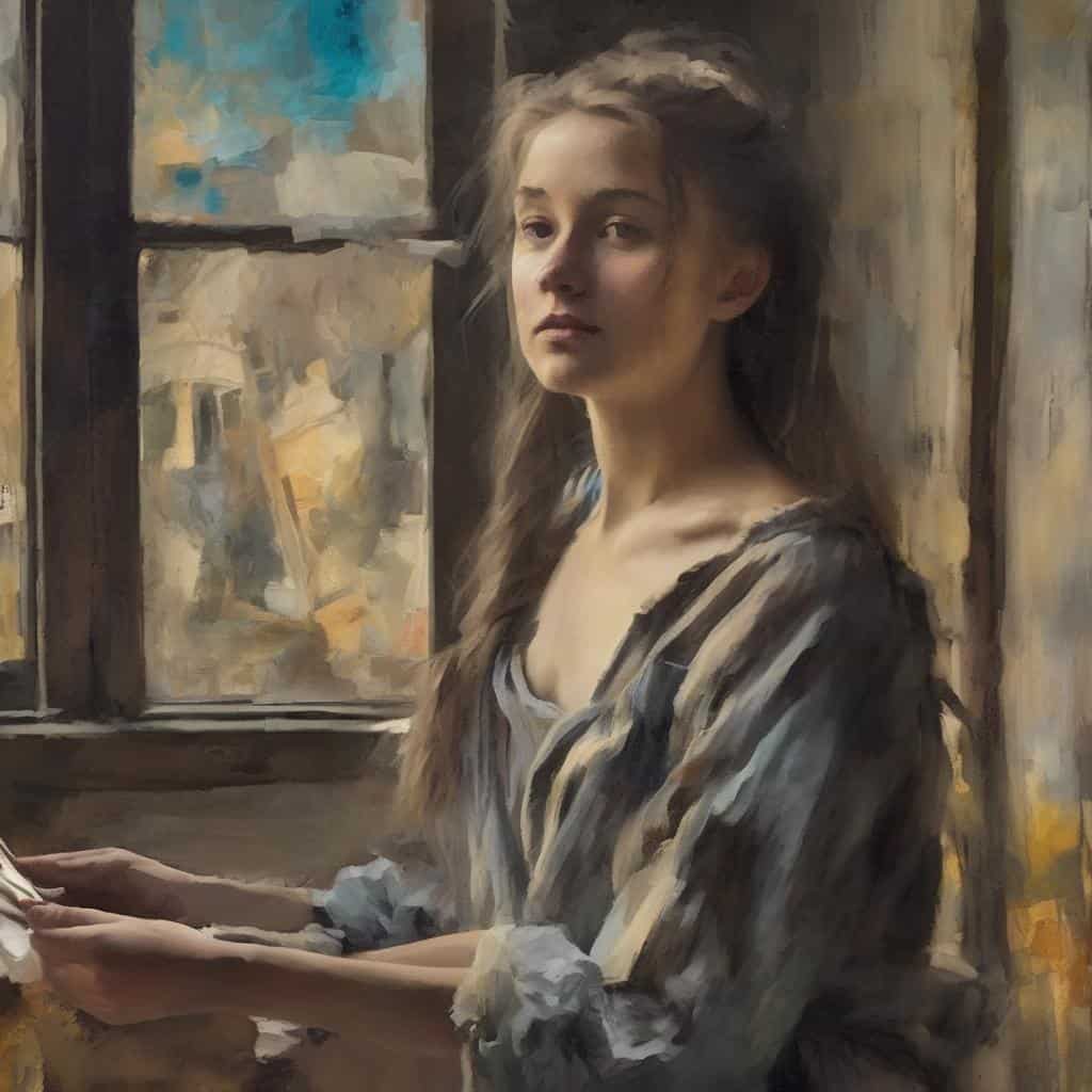 Γυναίκα νέα σε εσωτερικό χώρο με παράθυρο πίσω της, σε ρεαλιστικό πορτρέτο, τέχνη και βιογραφίες καλλιτεχνών.